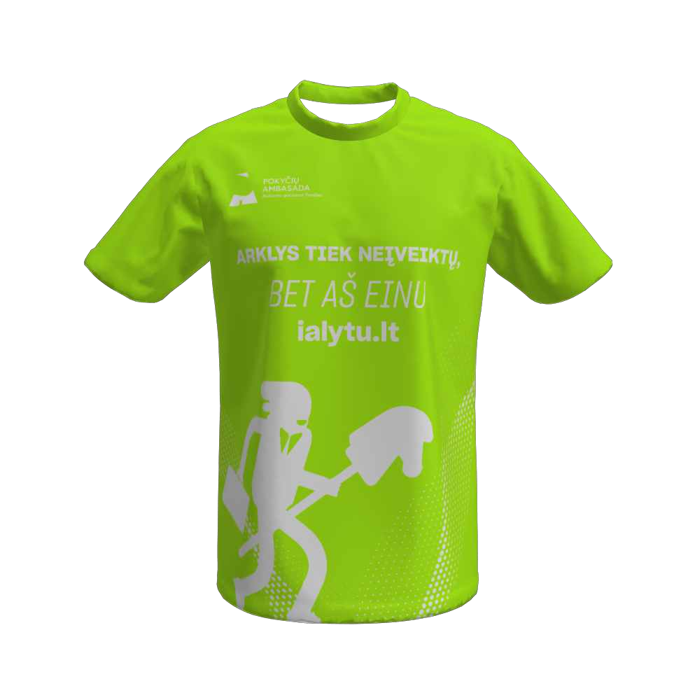 Žalių marškinėlių „Pokyčių ambasada – 100 km už pokyčius“ priekio maketas