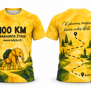 Geltonų marškinėlių „Pokyčių ambasada – 100 km paramos žygis“ 3D vaizdas iš priekio ir nugaros