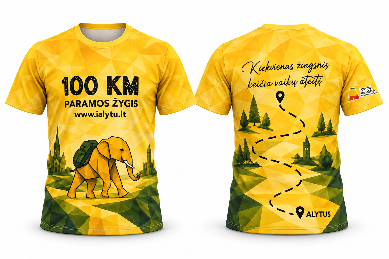 Geltonų marškinėlių „Pokyčių ambasada – 100 km paramos žygis“ 3D vaizdas iš priekio ir nugaros
