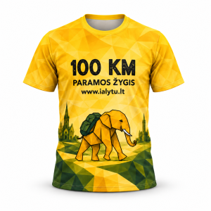 Geltoni marškinėliai „100 km paramos žygis“ – vaizdas iš priekio